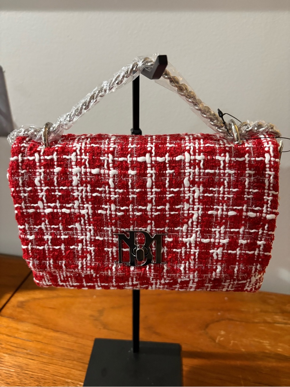 Badgley Mischka Red Tweed Chain-Handle Shoulder Bag